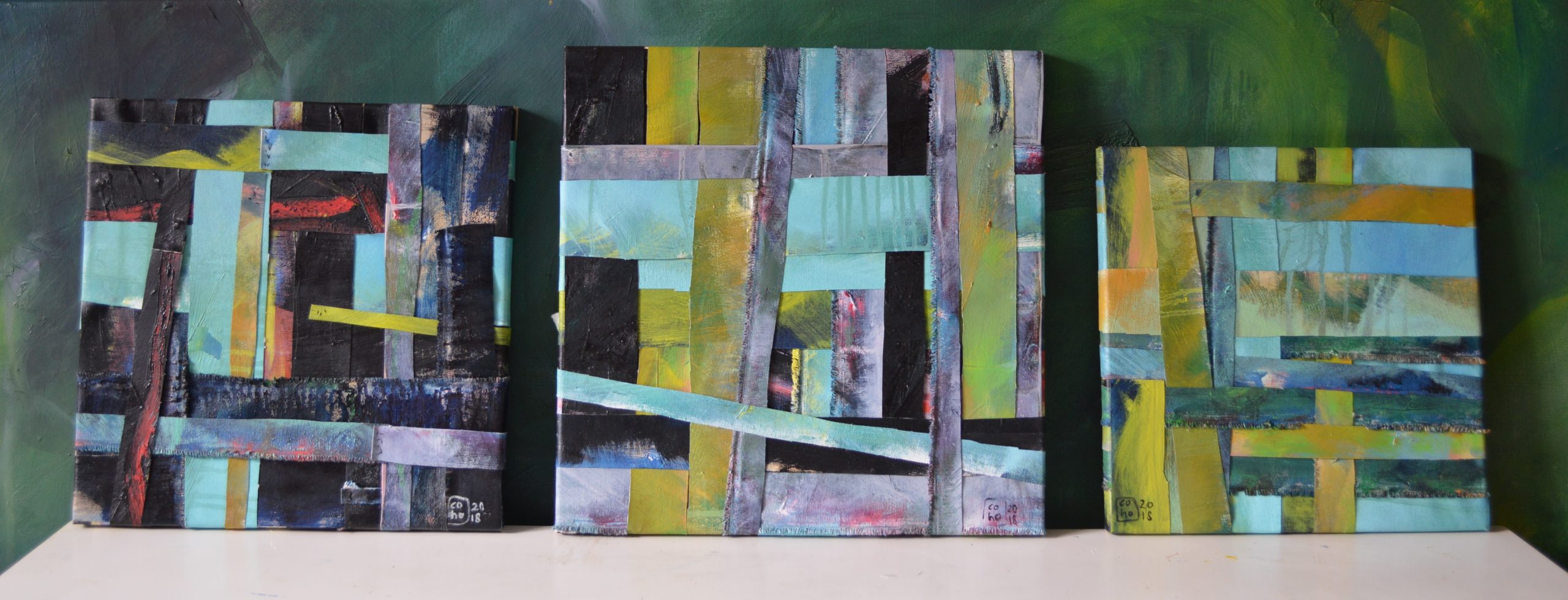 growing together trio / zusammenwachsen Trio / collages from pieces of oil paintings / 2018 / 32x32 cm /35x35 cm /40x40 cm